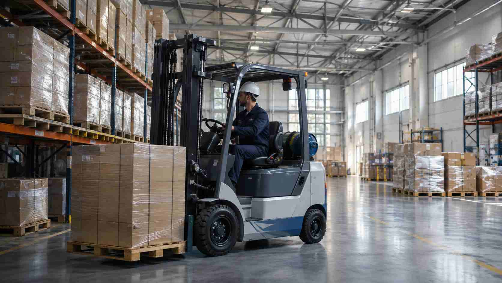 metal bipolar plate, The image shows a forklift moving a pallet inside an industrial warehouse.